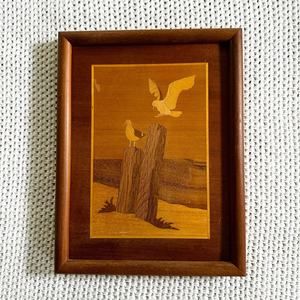 Wood Inlaid Marquetry Craftsman Seascape Perched Seagulls Frame Artwork Unsigned